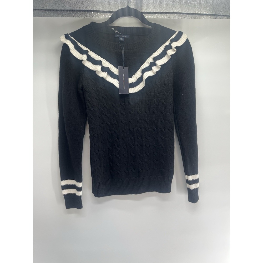 Tommy Hilfiger black cable-knit sweater ruffled trim striped cuff NWT‎ XS